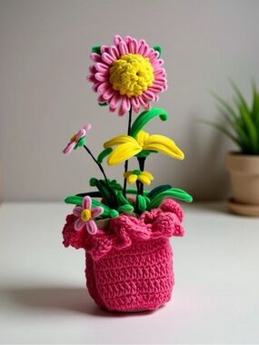 Pink Crochet Floral Accent Pot with Yellow & Green Fabric Flowers